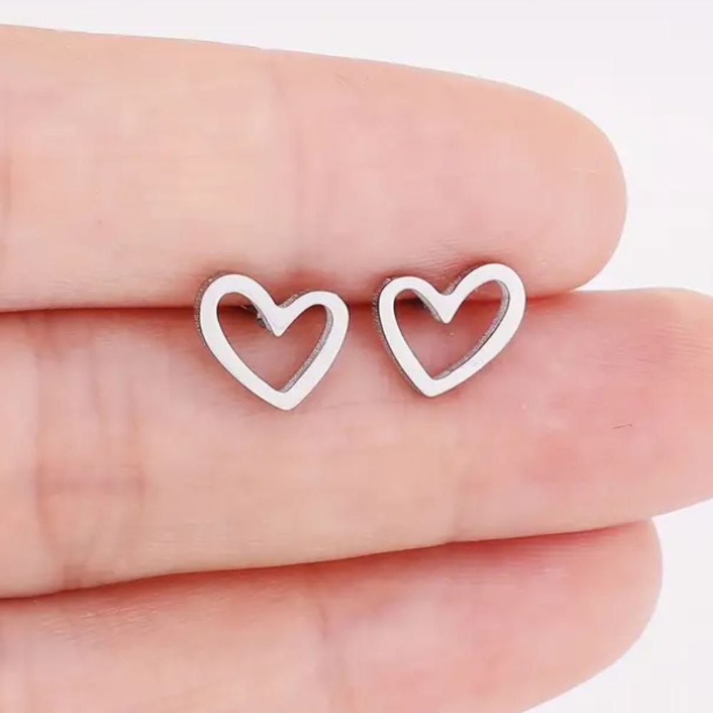 Dainty Heart Outline Silver Toned Stud Earrings